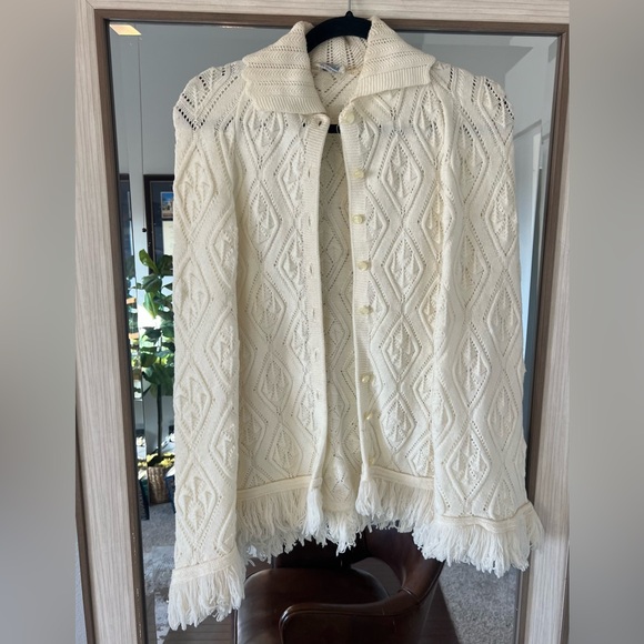 wintuk Sweaters - Vintage Wintuk Knit Poncho Button Cape Shawl Sweater with Fringe Trim Off White
